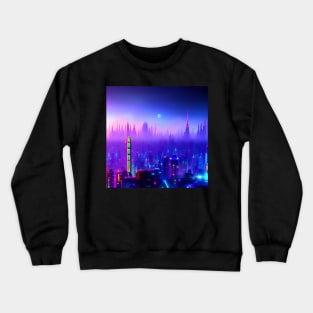 Ai Generated Art Scenery - Futuristic City Skyline With Neon Street Lights And Blue Moon Crewneck Sweatshirt